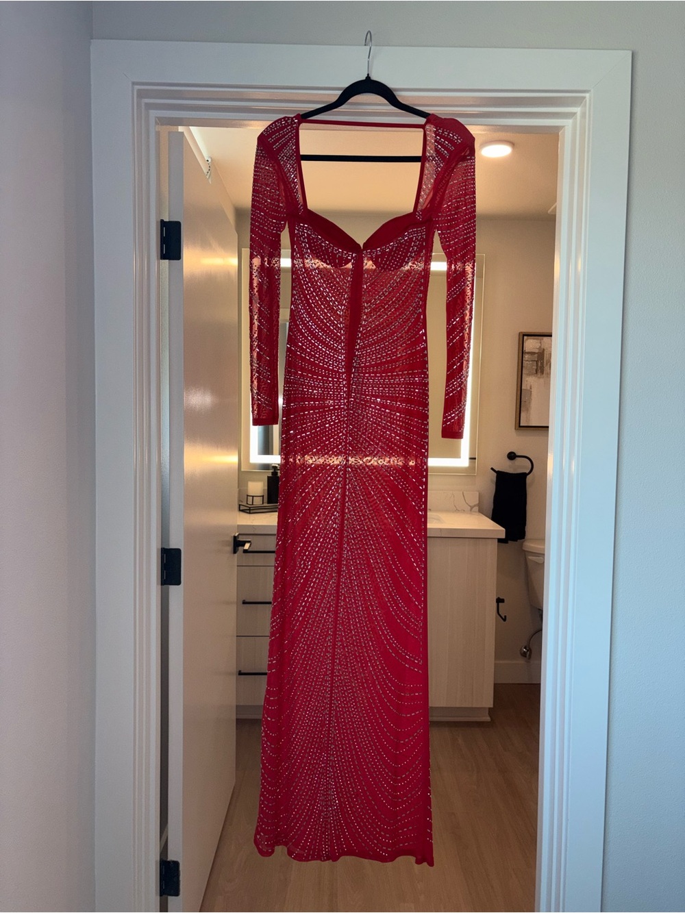 Macy's Red Long Sleeve Sequin Mesh Gown with Sculpted Bust - Picture 8 of 13